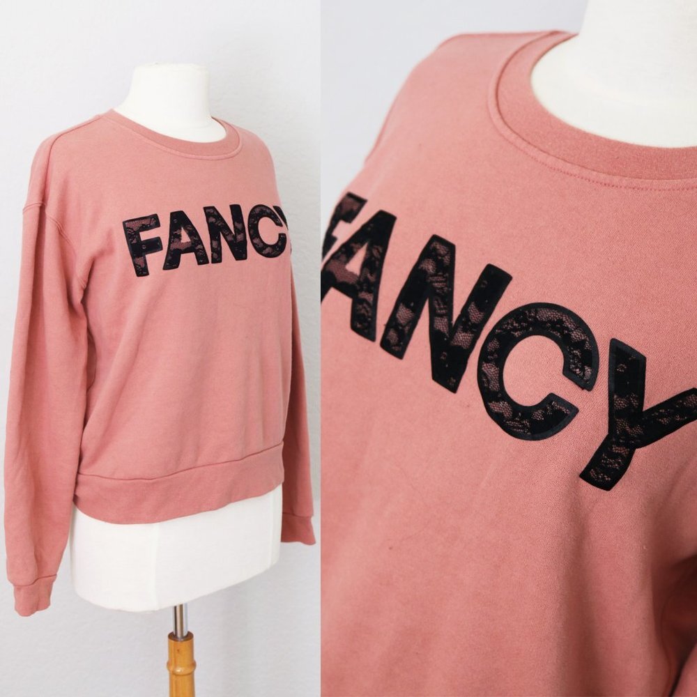 Betsey Johnson Performance Mauve Pink FANCY Lace Applique Crew Neck Sweatshirt S